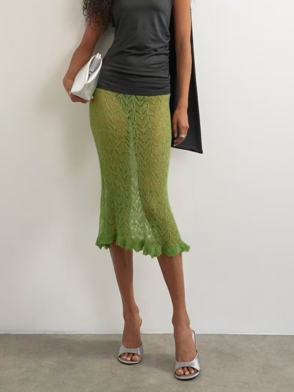 Topshop knit ruffle hem pointelle midi skirt with wool in green